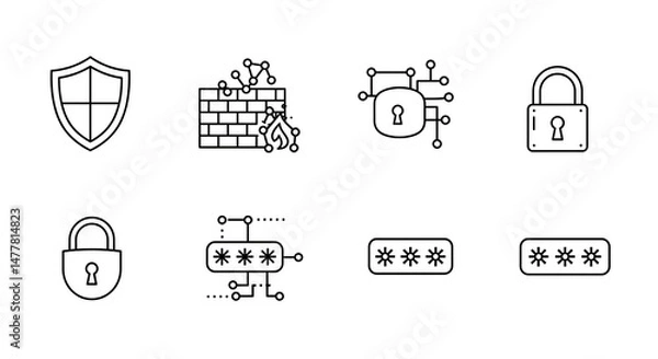 Obraz Iconic cybersecurity representations of shield, firewall, lock, and password depicted using a minimalist line art style for digital security.