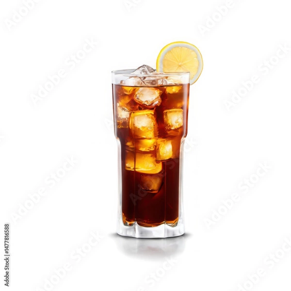 Fototapeta Iced tea with lemon slices and ice cubes in glass on transparent background  