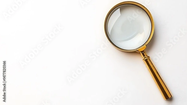 Fototapeta A golden magnifying glass on a white surface in a  setting view