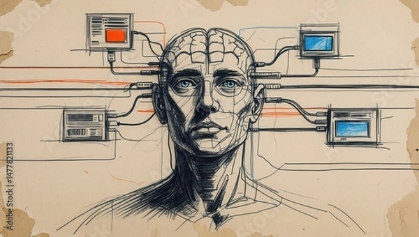 Fototapeta Handdrawn human head connected to computers. Brain linked by cables. AI takeover concept