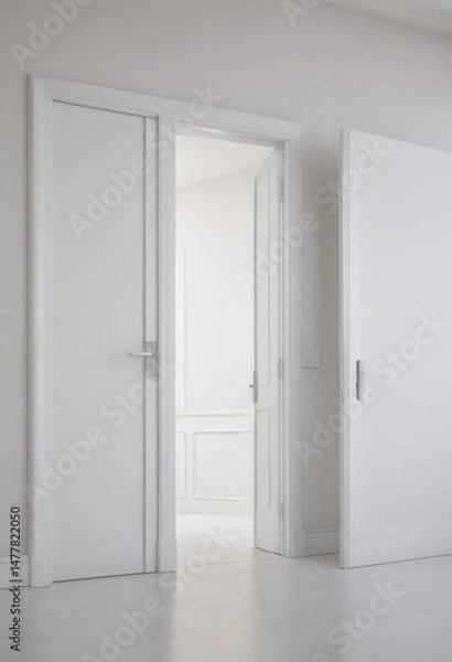 Fototapeta Clean white doors, open & closed, minimalist setting,  texture,  shape