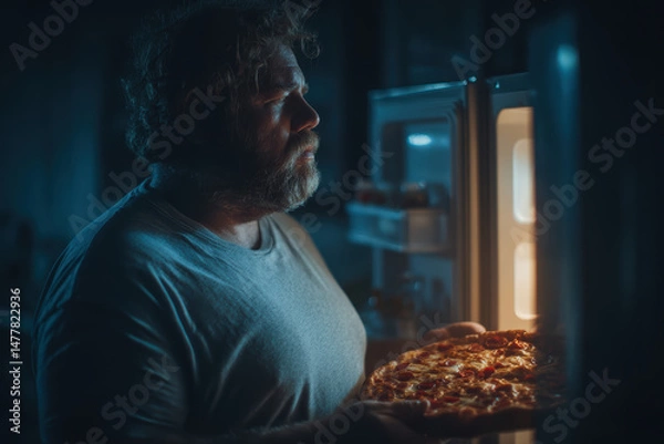 Obraz Man with unhealthy eating habits opening fridge at night, looking for food in a dark kitchen, holding a slice of pizza and rubbing his belly, showing late-night cravings