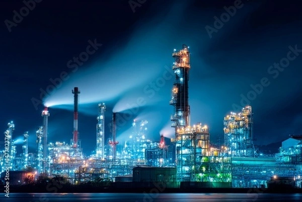 Fototapeta In a sprawling industrial complex at night, tall structures illuminate the scene with bright lights. Smoke rises from smokestacks, creating a colorful urban landscape
