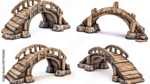 Fototapeta Set of rustic wooden arch bridges isolated on the white background