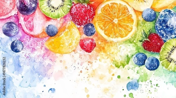 Fototapeta Various sliced fruits including citrus, kiwi and berries arranged on vibrant splashed watercolor background. Perfect for themes of healthy eating, freshness or summer food presentation
