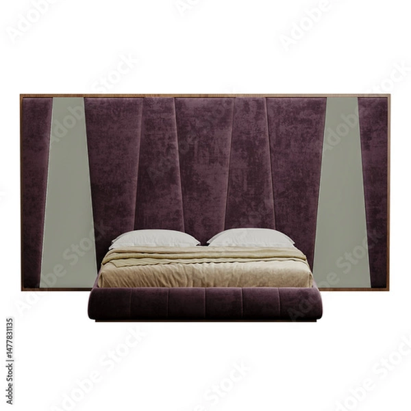 Obraz A bed with a purple headboard and a white pillow