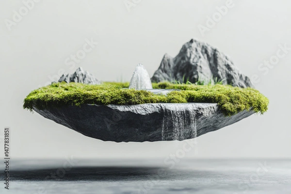 Fototapeta An image of lush moss covering the ground, with majestic mountains rising in the background, while a serene fountain cascades gently in the foreground.