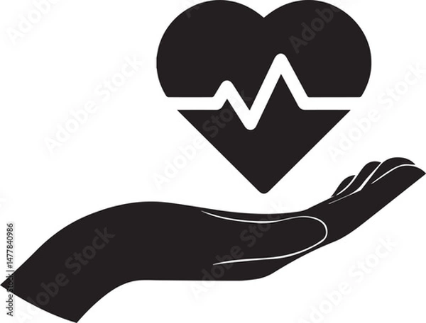 Fototapeta hand holding heart, hand holding heart with medical cross symbol, heart with a white cross, hand holding a heart with a white cross, medical, wellness, care, hand silhouette