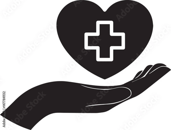 Fototapeta hand holding heart, hand holding heart with medical cross symbol, heart with a white cross, hand holding a heart with a white cross, medical, wellness, care, hand silhouette