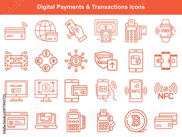 Obraz Digital Transactions Icon Set Financial Technology, Mobile Payment Methods, Banking, and Cryptocurrency Illustrations