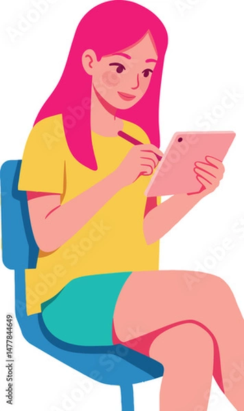 Fototapeta Young woman drawing on digital tablet with stylus pen sitting casual vector illustration 