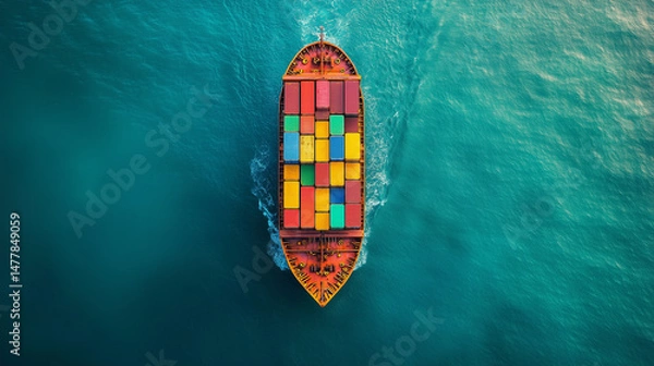 Obraz  Cargo ship in turquoise sea. Aerial view of a cargo ship transporting colorful containers through turquoise ocean water, symbolizing global trade and shipping.