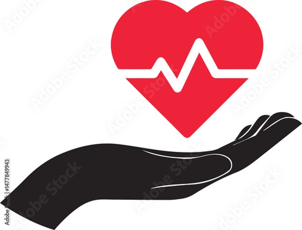 Fototapeta hand holding heart, hand holding heart with medical cross symbol, heart with a white cross, hand holding a heart with a white cross, medical, wellness, care, hand silhouette