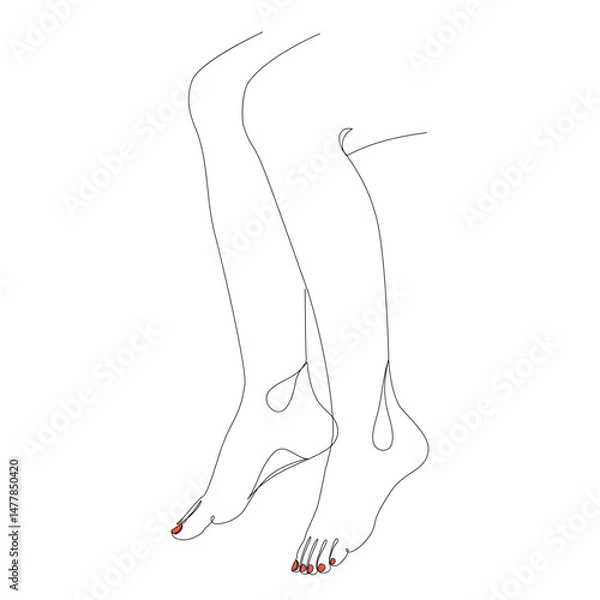 Fototapeta Silhouettes of human legs, feet in modern one line style. Red painted nails. Continuous line drawing, stickers, logo. Vector illustration.