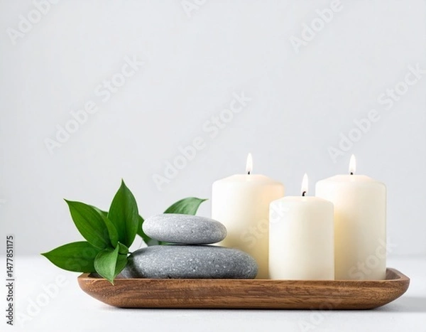 Fototapeta Serene Spa Environment with Green Leaves, Smooth Stones, and Soft Lighting.