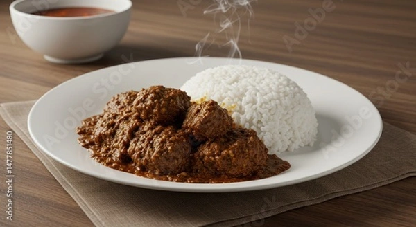Fototapeta Plate of curry with rice on a table next to a sauce bowl.