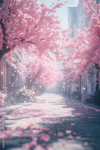 Obraz A dreamy street lined with cherry blossom trees in full bloom, with petals scattered across the ground.