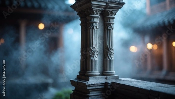 Fototapeta Stone columns in foggy outdoor temple. Decorative ornaments on pillars. Mysterious atmosphere