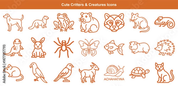 Obraz Line Art Icons Collection Featuring Cute Animals and Creatures Illustrations Set