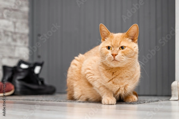Fototapeta  ginger cat sits on the rug near the door. the cat is waiting for the owner to return. the cat is sitting on the floor near the front door