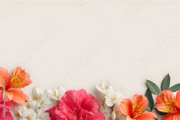 Obraz Photo blank with fresh flower blue background template	