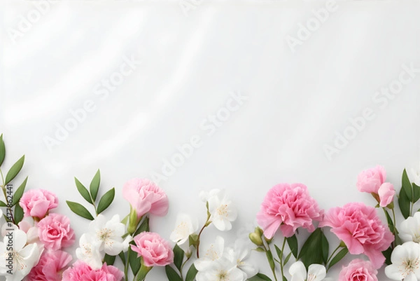 Obraz Wedding photo blank with fresh flower background. Romantic greeting card.