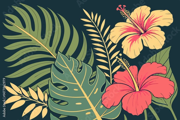 Fototapeta Vibrant Tropical Floral Illustration with Hibiscus Flowers and Lush Monstera Leaves