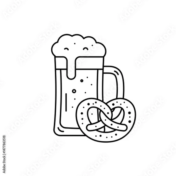 Obraz Beer mug with frothy top and pretzel on the side.  Minimalistic linear black and white icon, part of the series "Little-known holidays and cultural traditions". Editable SVG.

