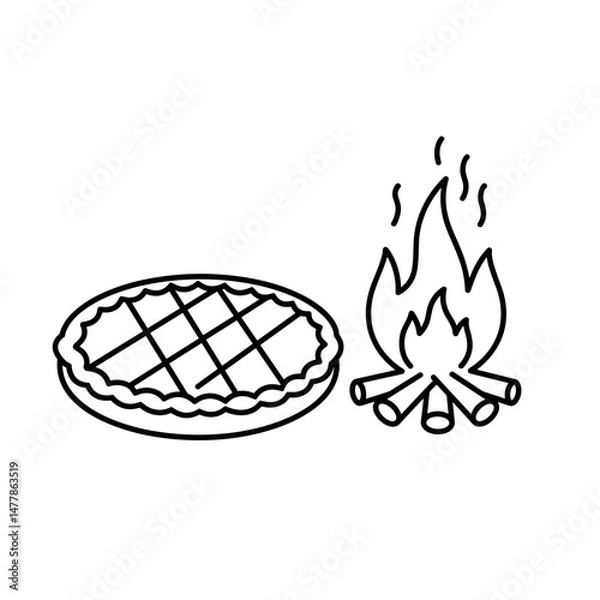 Obraz A round pie with slits, next to a fire with flames, symbolizes Ivan Kupala (Slavic holiday of the summer solstice). Minimalistic linear black and white icon, part of the series "Little-known holiday  