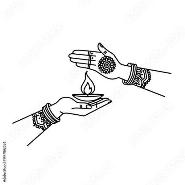 Obraz Hands with henna patterns holding oil lamp in traditional Indian design style - symbol of Karava Chauth, women's ritual festival in India. Minimalistic linear black and white icon, part of the series 