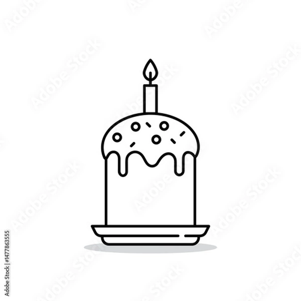 Obraz Easter cake with icing and candle on a plate. Minimalistic linear black and white icon, part of the "Little-known holidays and cultural traditions" series. Editable SVG