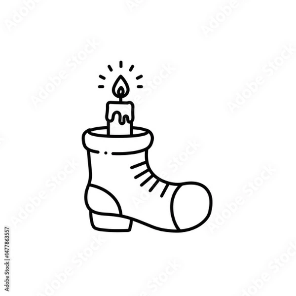 Obraz Candle lit in a decorative Christmas stocking illustration  . Minimalistic linear black and white icon, part of the "Little-known holidays and cultural traditions" series. Editable SVG.
