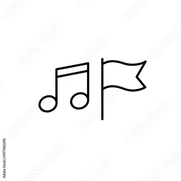 Obraz Musical note and flag, symbolizing World Music Day. Minimalistic linear black and white icon, part of the "Little-known holidays and cultural traditions" series. Editable SVG.