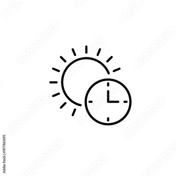 Obraz Sun and clock icon representing time and day cycle.  Minimalistic linear black and white icon, part of the series "Little-known holidays and cultural traditions". Editable SVG.