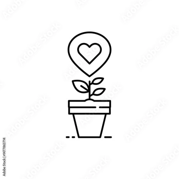 Obraz A pot with a plant and a heart above it, symbolizing Thanksgiving Day. Minimalistic linear black and white icon, part of the "Little-known holidays and cultural traditions" series. Editable SVG.