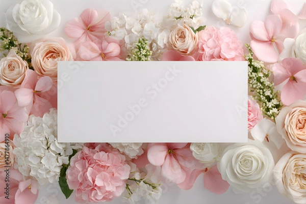 Obraz Wedding photo blank with fresh flower background and white paper template with space for text. Romantic greeting card.