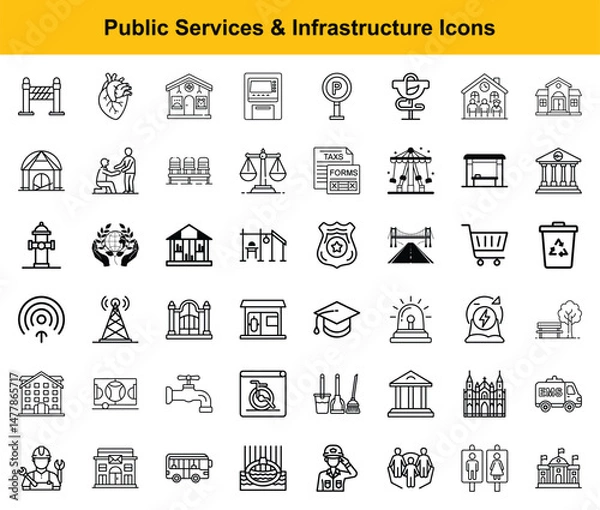 Obraz Public Services and Infrastructure Outline Icons City Elements, Landmarks, and Utilities Set