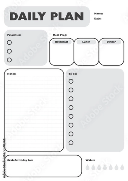 Fototapeta Daily Planner Black Template with calendar, to do list, water tracker, grateful, meal prep and notes