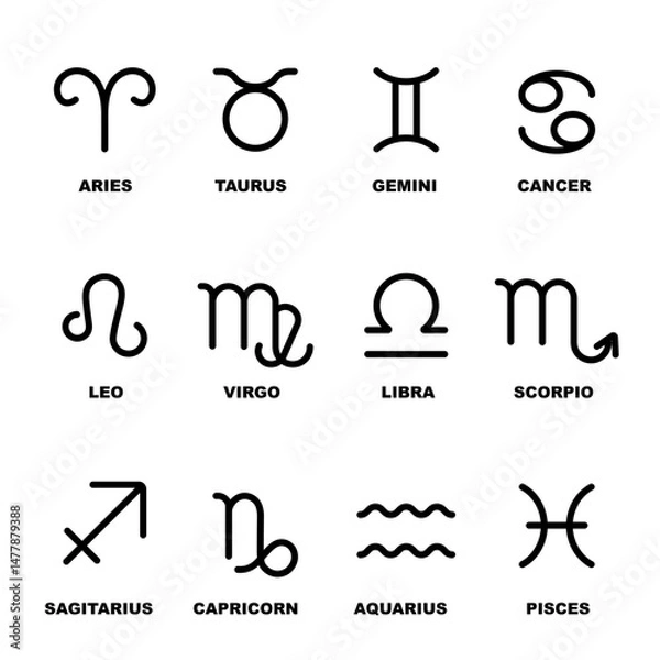 Obraz Zodiac signs set. Isolated horoscope zodiac symbols Aries, Taurus, Gemini, Cancer, Leo, Virgo, Libra, Scorpio, Sagittarius, Capricorn, Aquarius, and Pisces. Zodiac astrology