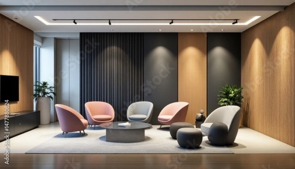 Fototapeta A stylish office environment showcases various seating options arranged around a central table