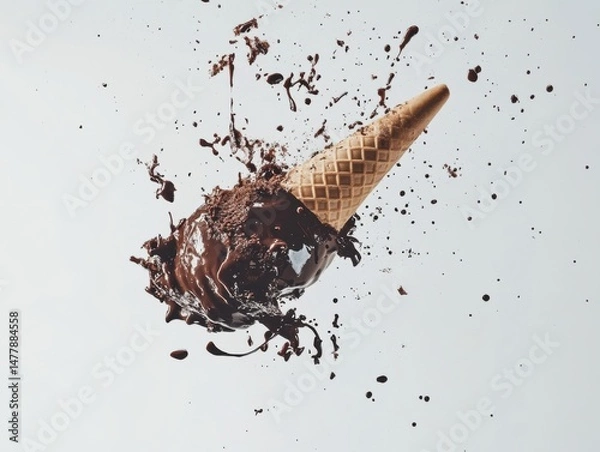 Obraz Chocolate ice cream cone falling with splash in studio shot against white background delicious dessert concept