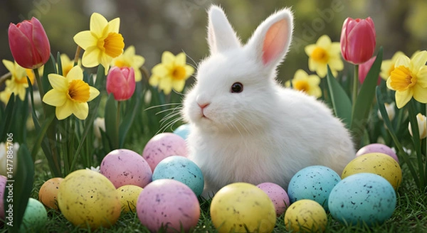 Obraz White Bunny in Garden with Colorful Easter Eggs and Yellow Flowers