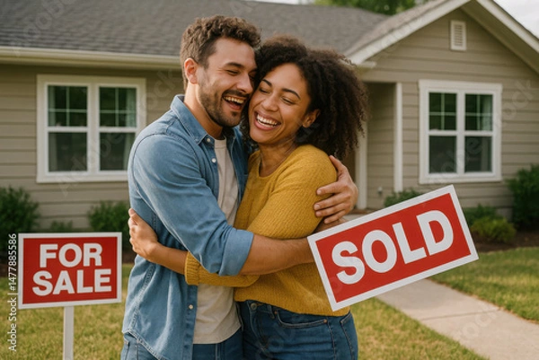 Fototapeta A couple busy at selling their home. cocept of purchasing a property, house by a happy family. Happy couple celebrating home purchase in front of new house, sould out property.
