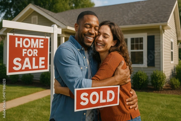 Fototapeta A couple busy at selling their home. cocept of purchasing a property, house by a happy family. Happy couple celebrating home purchase in front of new house, sould out property.

