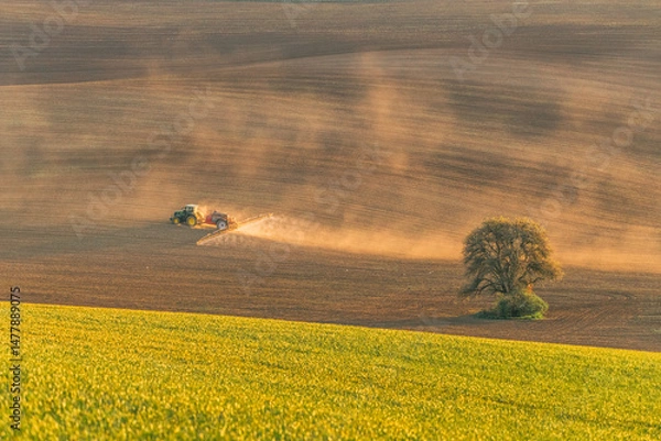 Obraz Tractor Plowing Field at Sunset