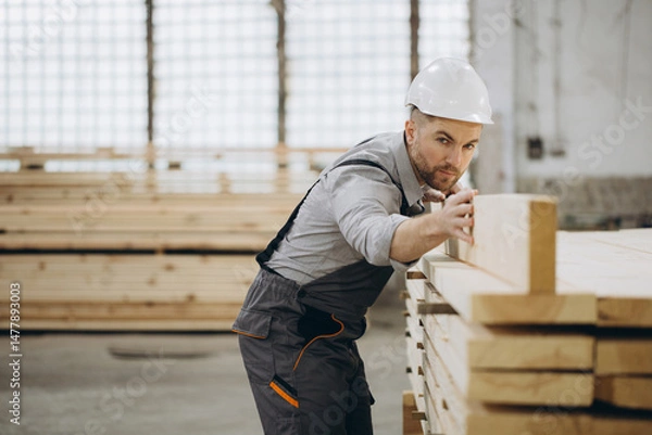 Obraz Carpenter checking wooden planks in timber warehouse for modular building industry