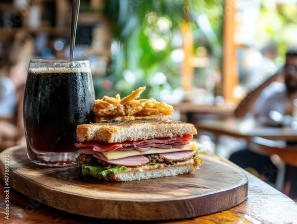 Obraz Gourmet sandwich and dark soda drink on wooden board at outdoor cafe setting close up food photography