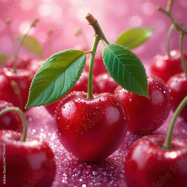 Fototapeta  Hyper-realistic 3D-rendered ruby red cherries with water droplets, green stems, lush leaves, on a metallic pink glittery background with sugary sparkles.