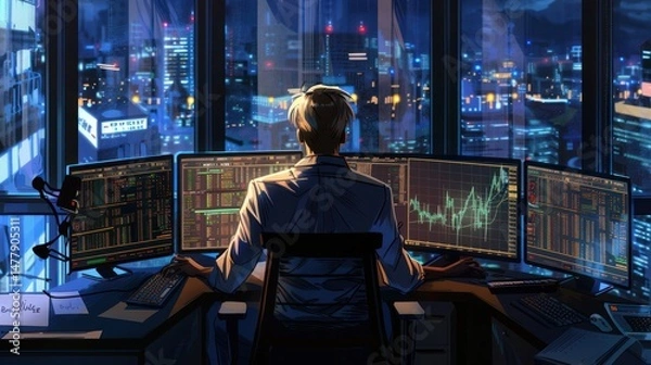 Fototapeta A person works late, analyzing market data on multiple computer screens in a high-rise office, overlooking a cityscape at night