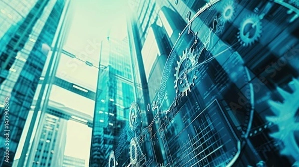Fototapeta Skyscrapers from low angle view, futuristic data interface overlays the buildings